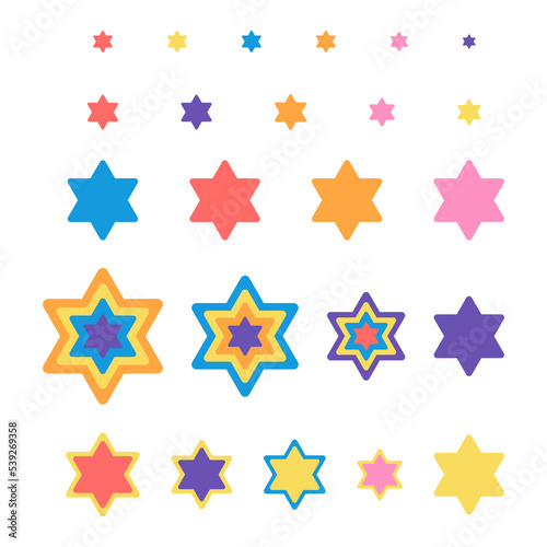 star of David set 24 bright elements in different colors and size. Vector illustration in flat style. Every object isolated on white background