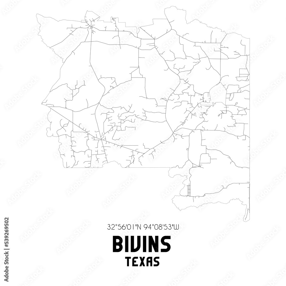 Bivins Texas. US street map with black and white lines.