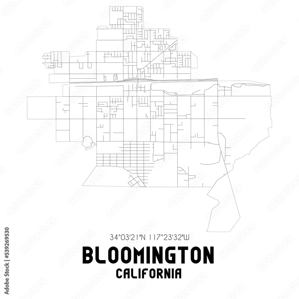 Bloomington California. US street map with black and white lines.