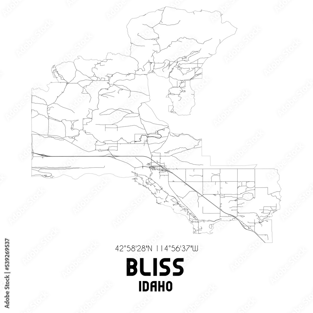 Bliss Idaho. US street map with black and white lines.