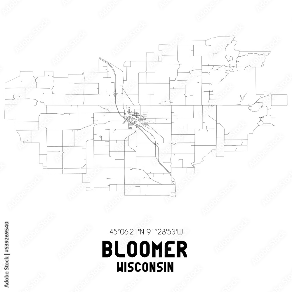 Bloomer Wisconsin. US street map with black and white lines.