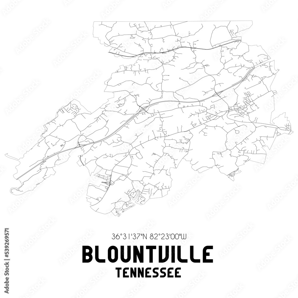 Blountville Tennessee. US street map with black and white lines.