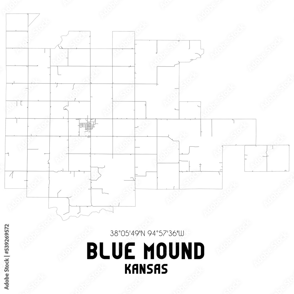 Blue Mound Kansas. US street map with black and white lines.