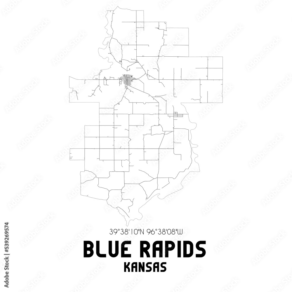 Blue Rapids Kansas. US street map with black and white lines.