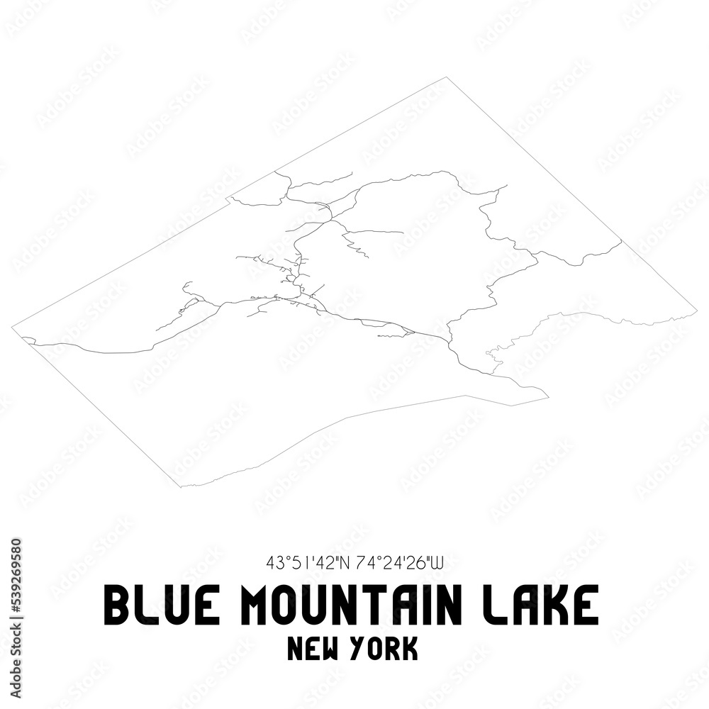 Blue Mountain Lake New York. US street map with black and white lines.