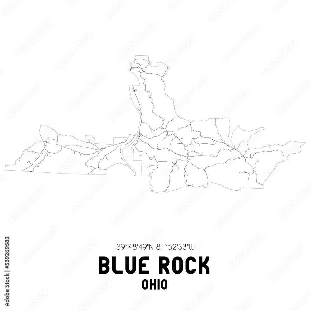 Blue Rock Ohio. US street map with black and white lines.