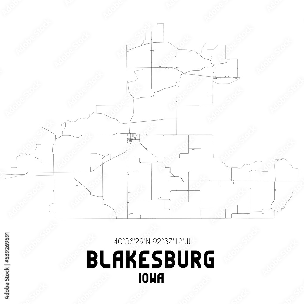 Blakesburg Iowa. US street map with black and white lines.
