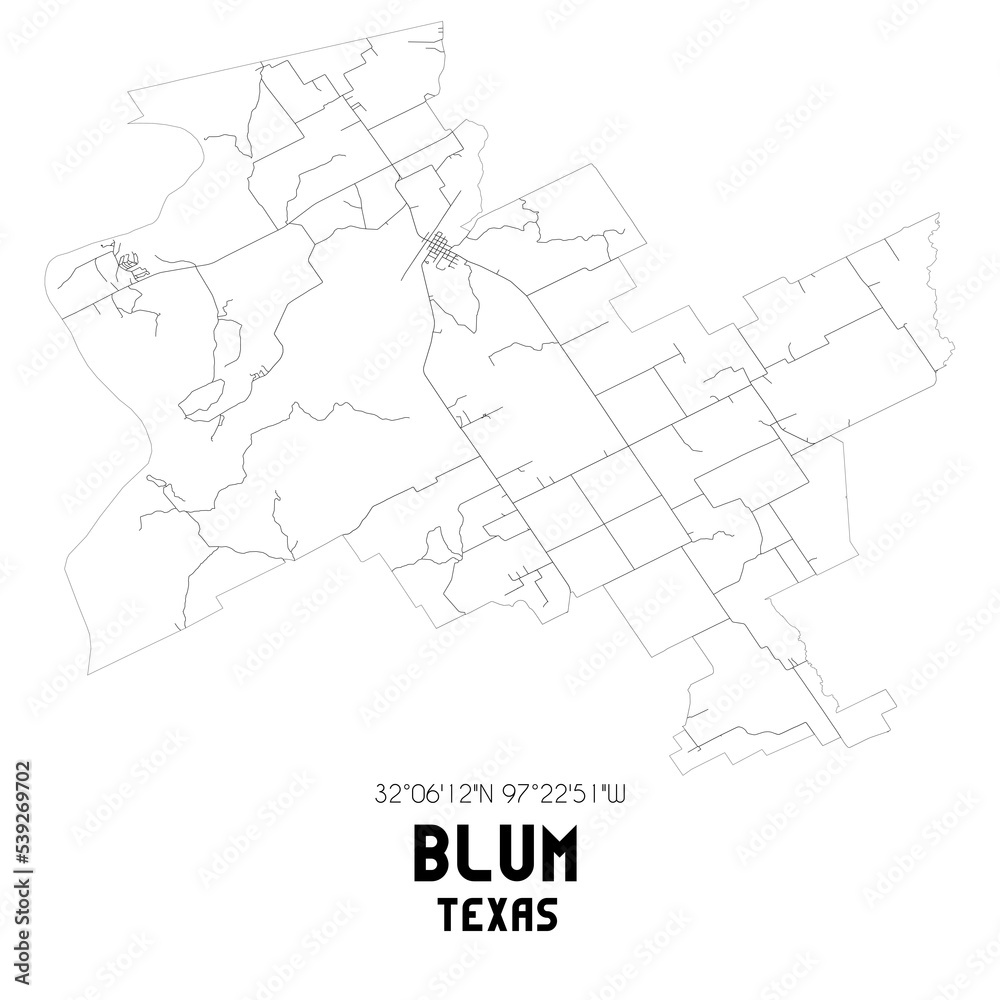 Blum Texas. US street map with black and white lines.