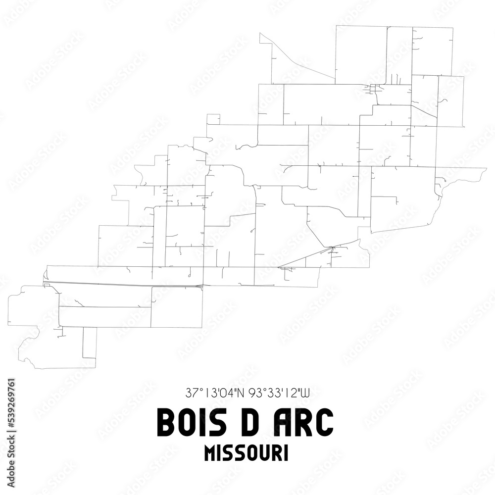 Bois D Arc Missouri. US street map with black and white lines.