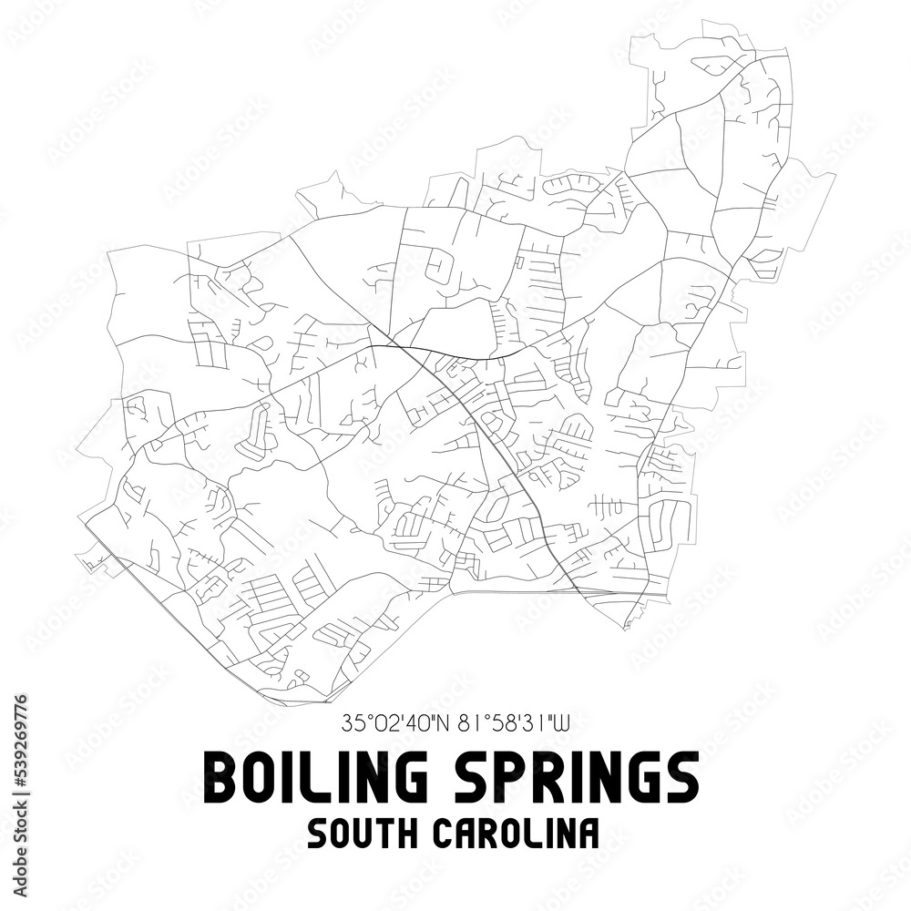 Boiling Springs South Carolina. US street map with black and white lines.