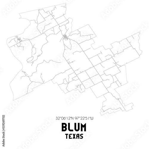 Blum Texas. US street map with black and white lines.