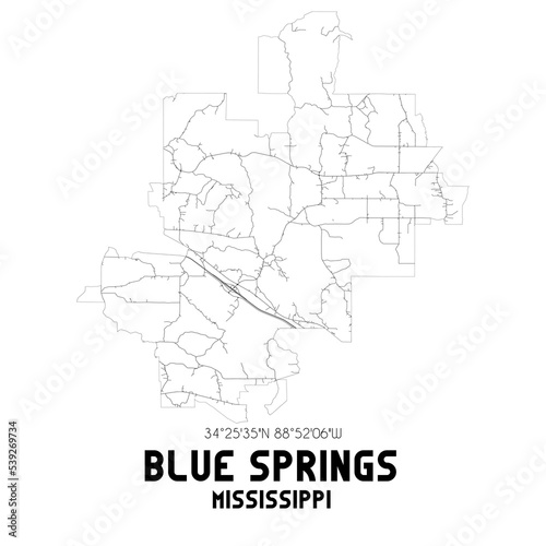 Blue Springs Mississippi. US street map with black and white lines.