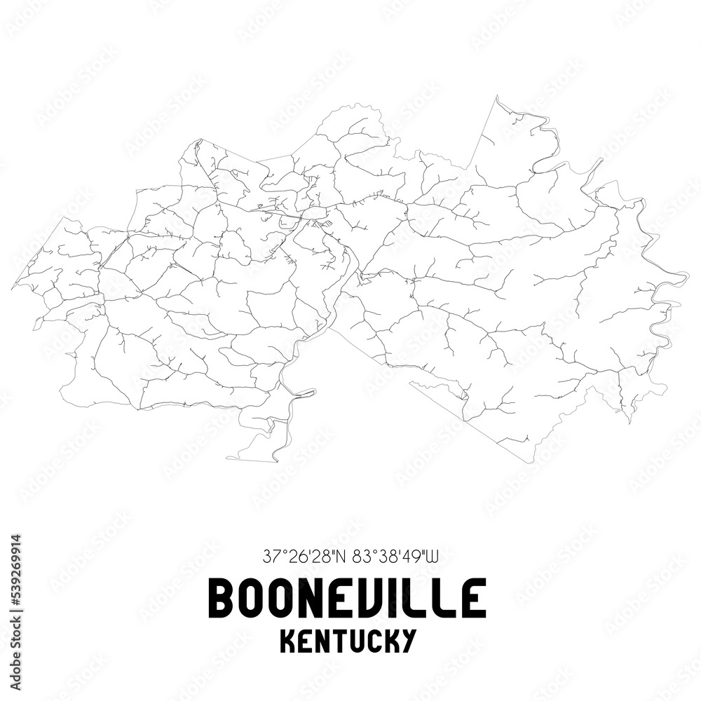 Booneville Kentucky. US street map with black and white lines.