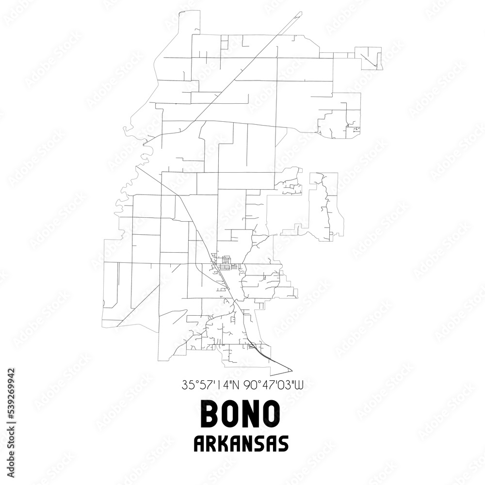 Bono Arkansas. US street map with black and white lines.