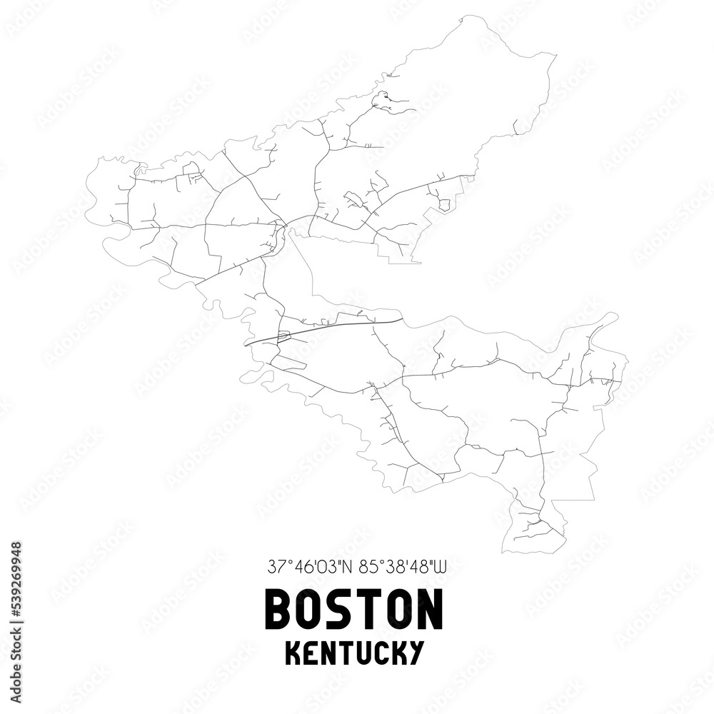 Boston Kentucky. US street map with black and white lines.