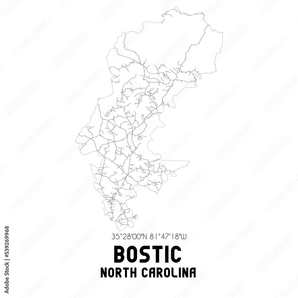 Bostic North Carolina. US street map with black and white lines.