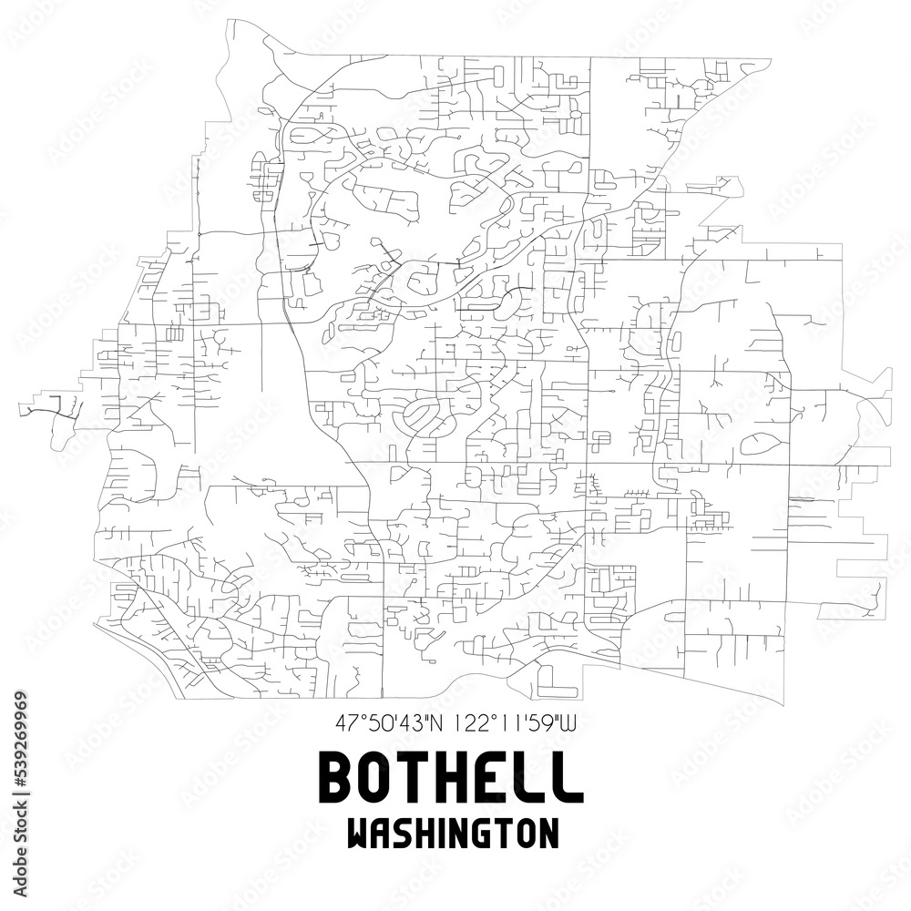 Bothell Washington. US street map with black and white lines.