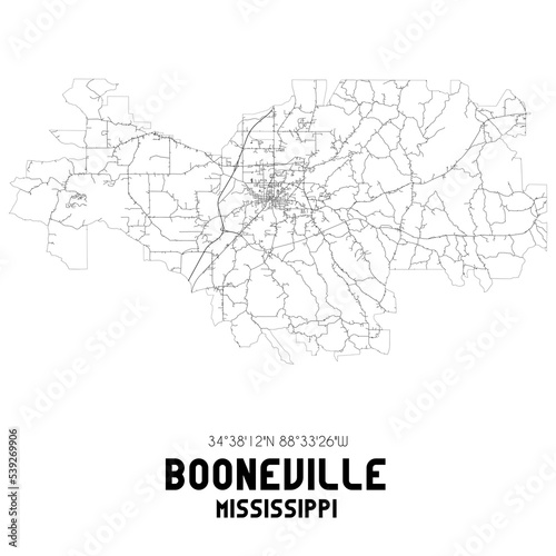 Booneville Mississippi. US street map with black and white lines.