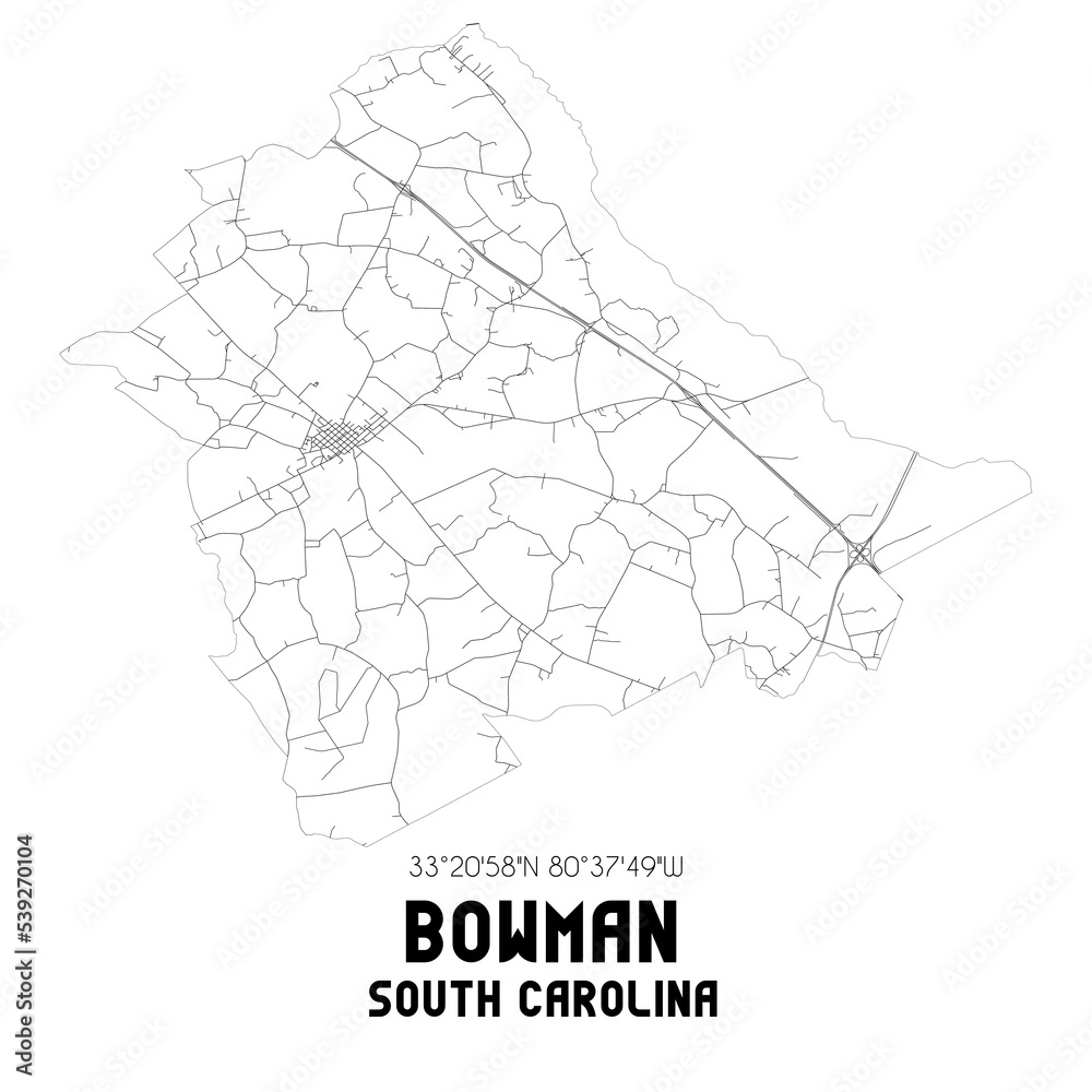 Bowman South Carolina. US street map with black and white lines.