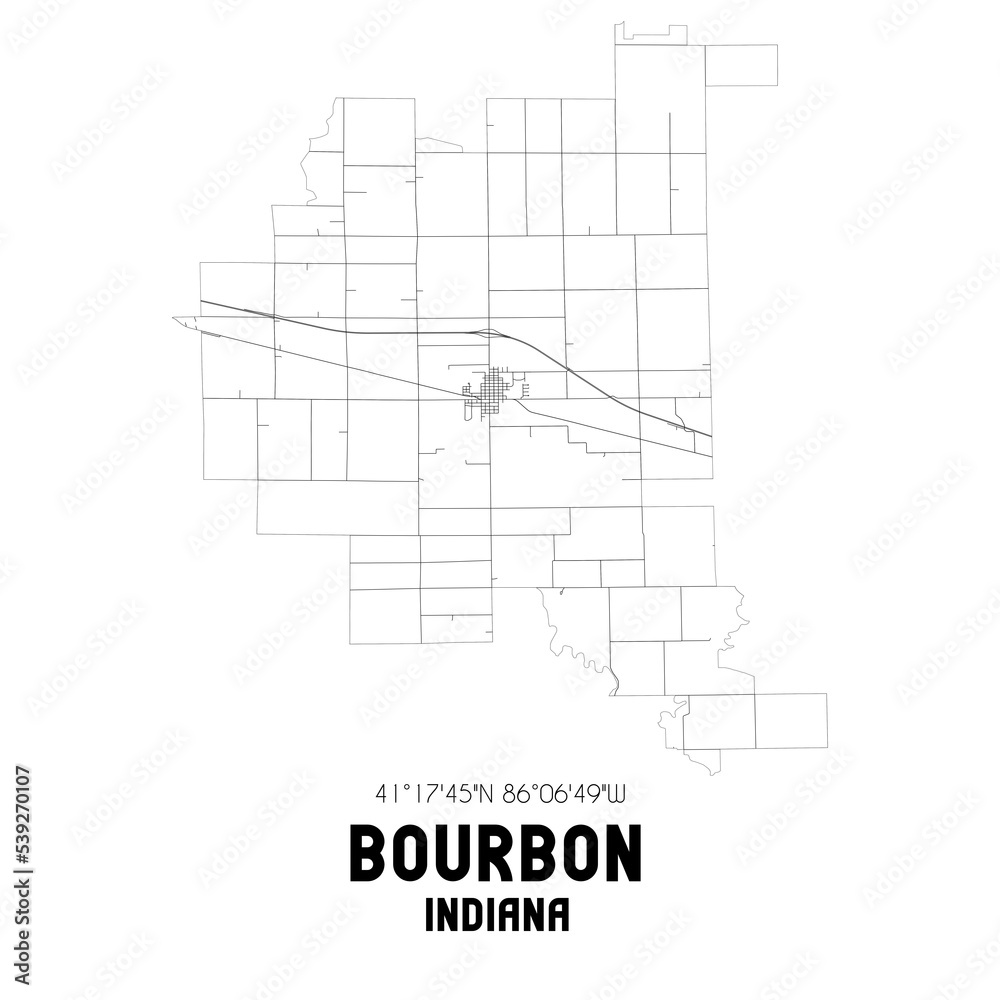 Bourbon Indiana. US street map with black and white lines.