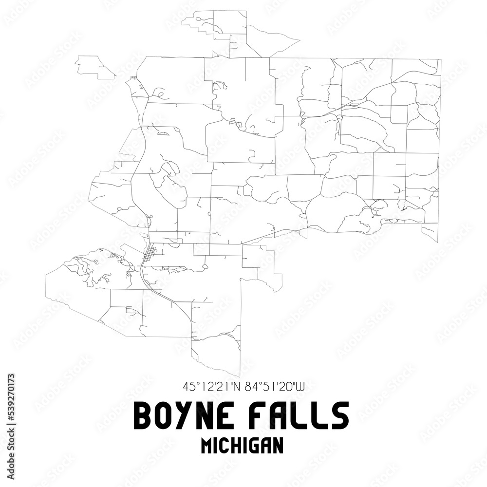 Boyne Falls Michigan. US street map with black and white lines.