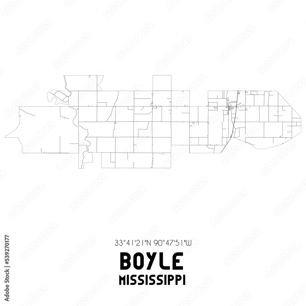 Boyle Mississippi. US street map with black and white lines. Boyle Mississippi. US street map with black and white lines.
