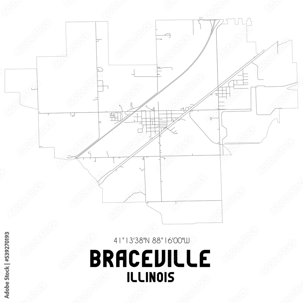 Braceville Illinois. US street map with black and white lines.