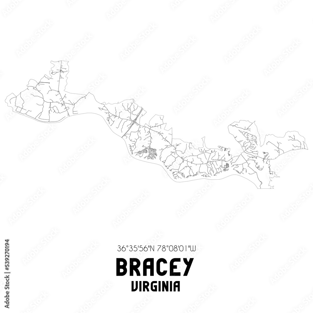Bracey Virginia. US street map with black and white lines.