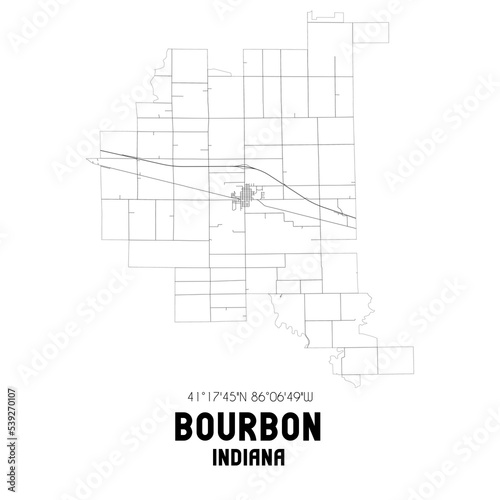 Bourbon Indiana. US street map with black and white lines.