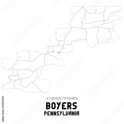 Boyers Pennsylvania. US street map with black and white lines.
