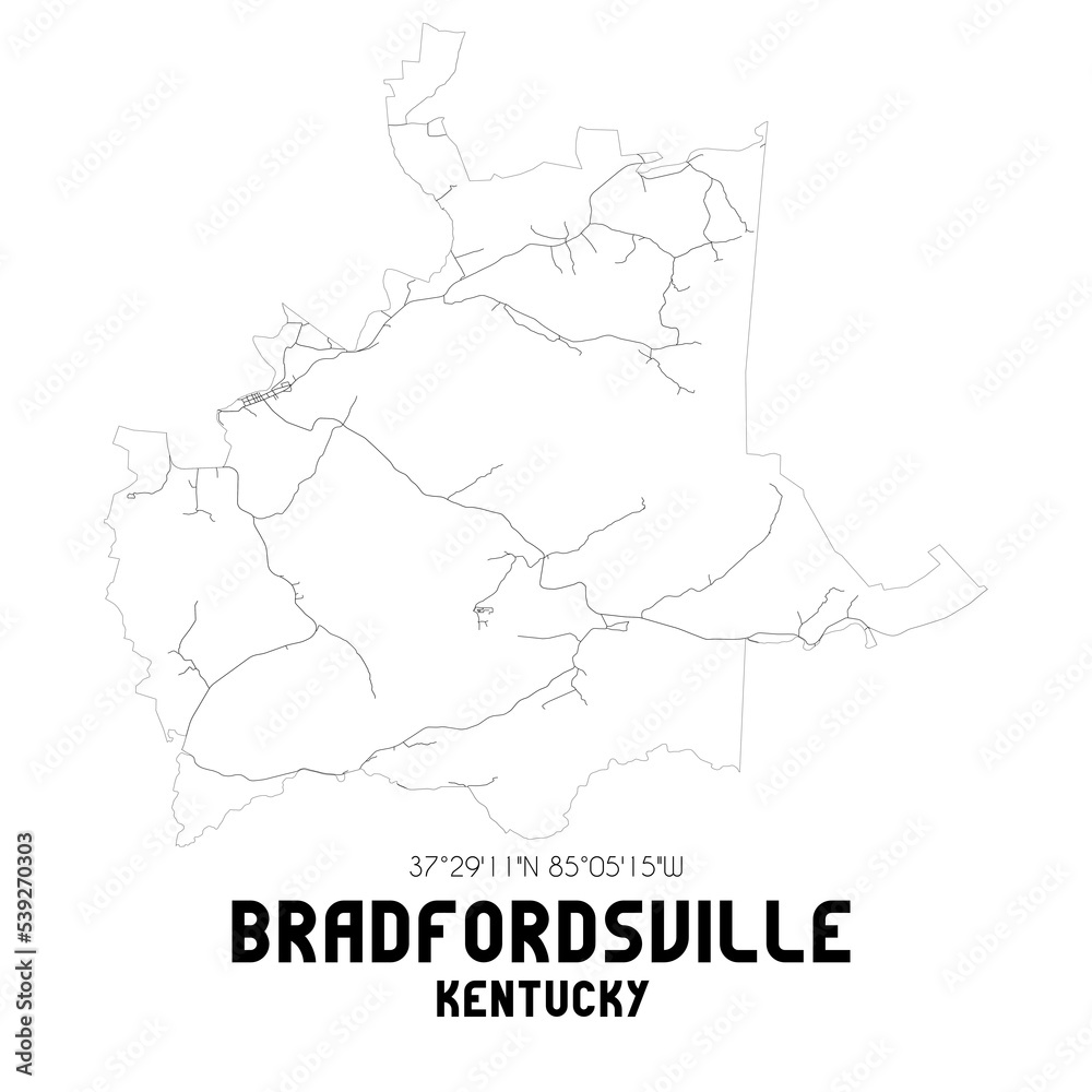 Bradfordsville Kentucky. US street map with black and white lines.