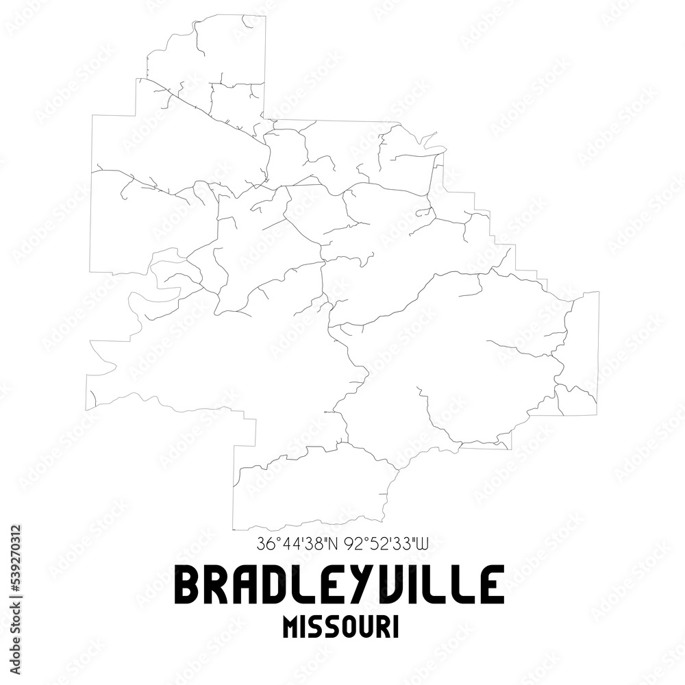 Bradleyville Missouri. US street map with black and white lines.