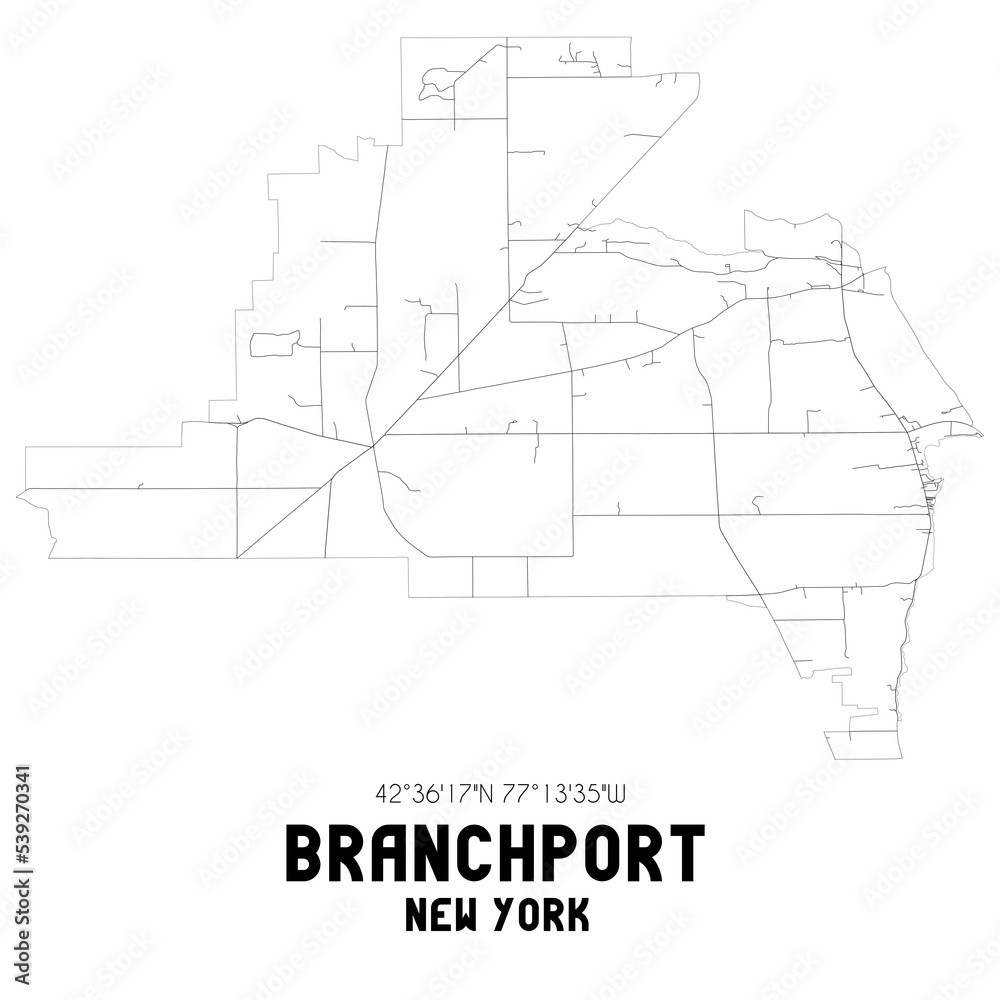 Branchport New York. US street map with black and white lines.
