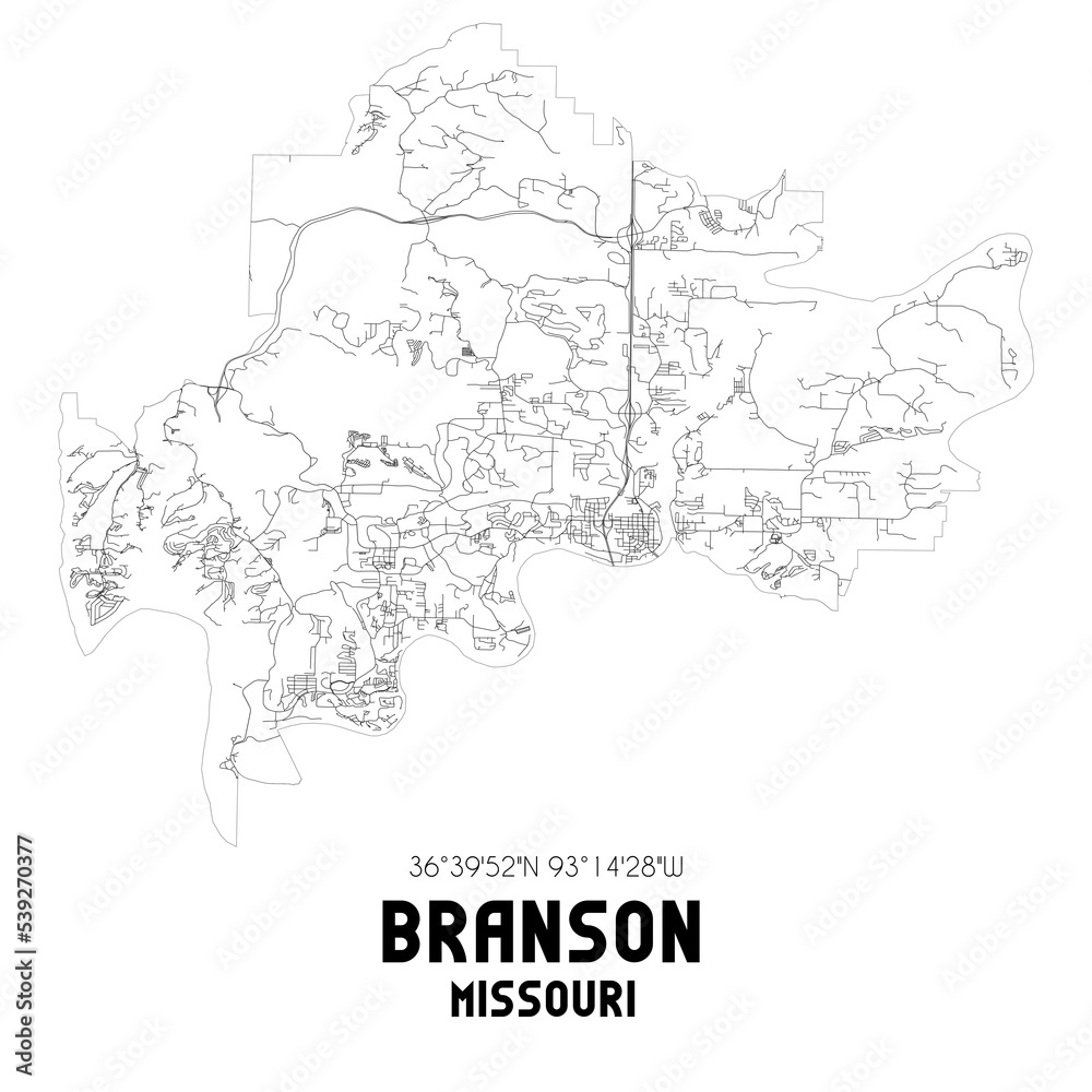 Branson Missouri. US street map with black and white lines.
