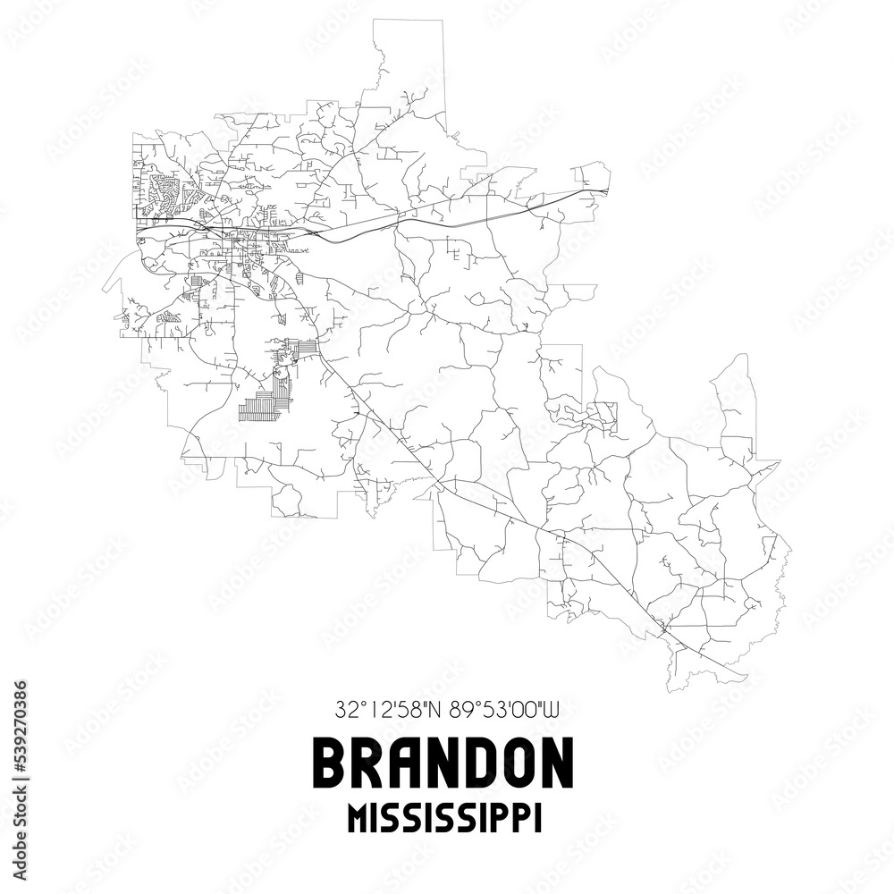 Brandon Mississippi. US street map with black and white lines. Stock