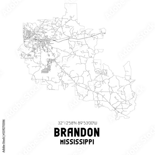Brandon Mississippi. US street map with black and white lines.