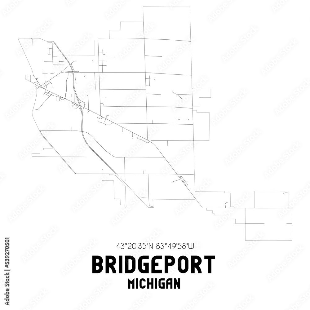 Bridgeport Michigan. US street map with black and white lines.
