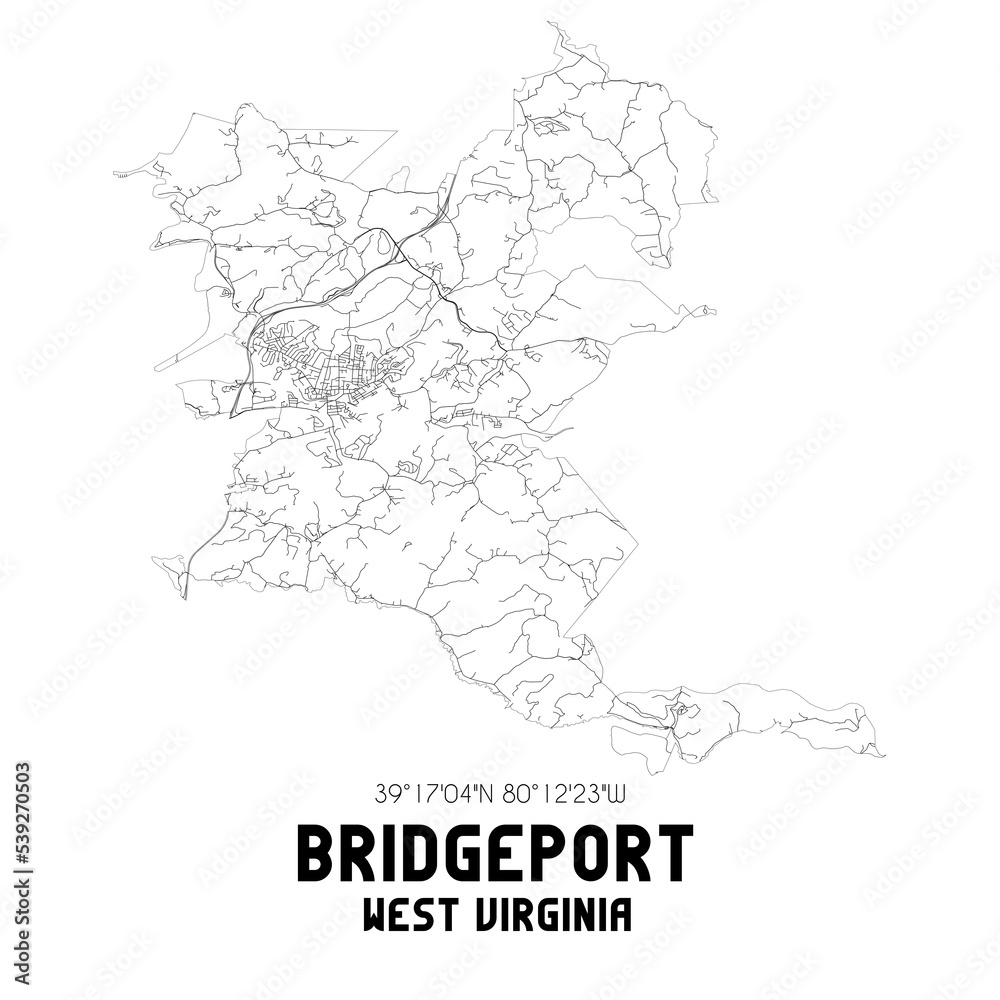 Bridgeport West Virginia. US street map with black and white lines.