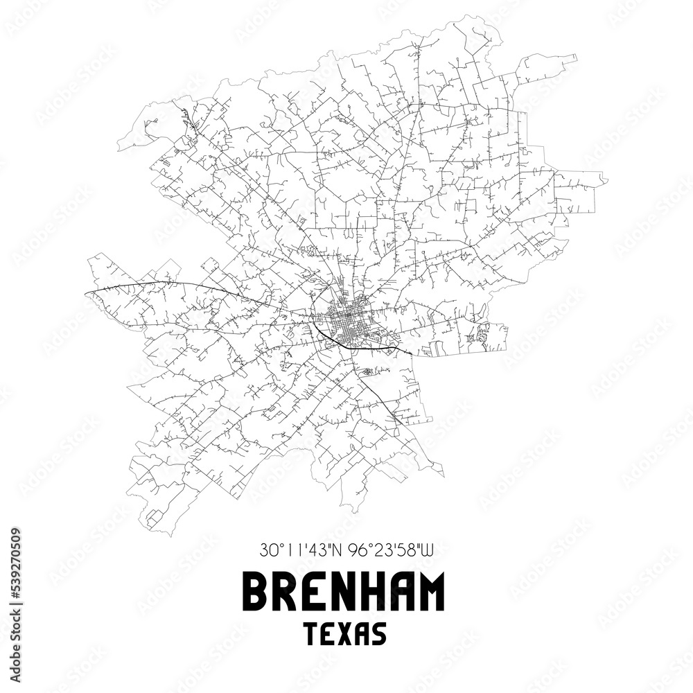 Brenham Texas. US street map with black and white lines.