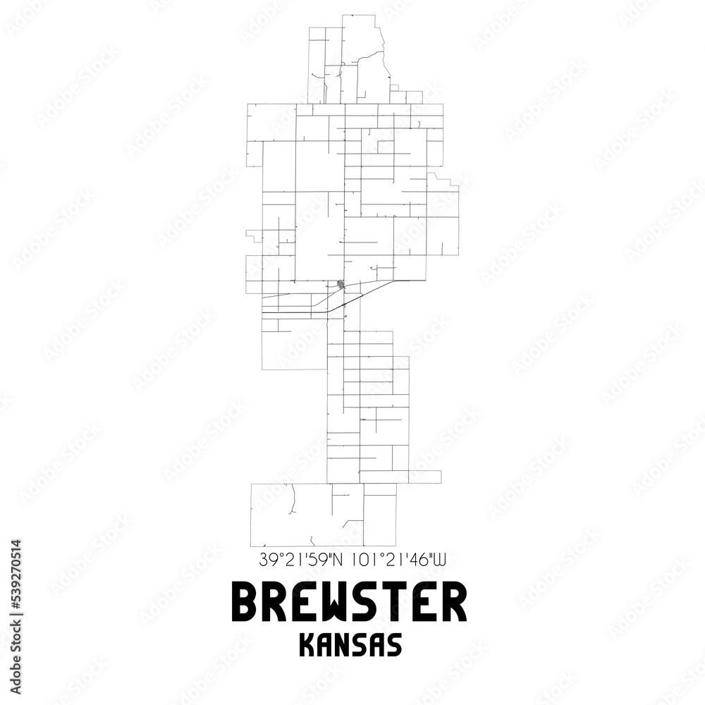 Brewster Kansas. US street map with black and white lines.