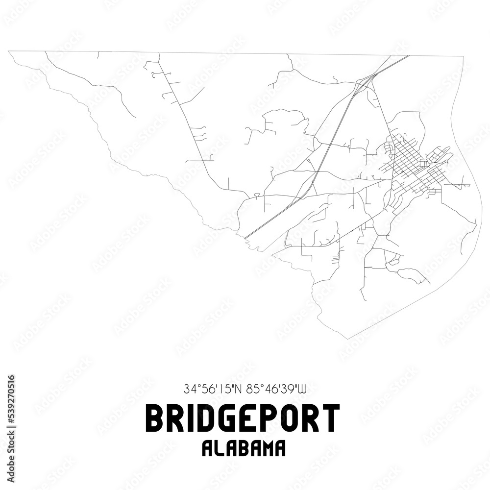Bridgeport Alabama. US street map with black and white lines.