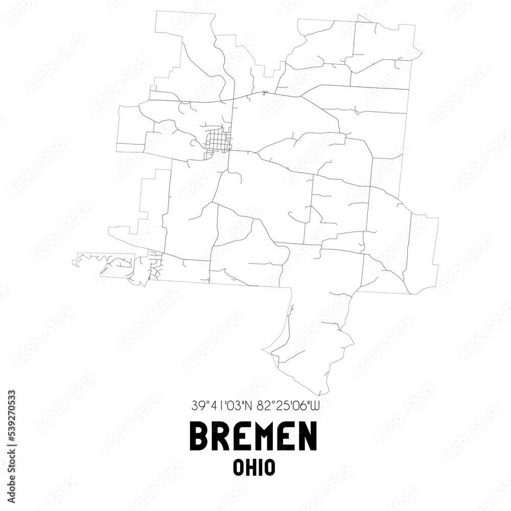 Bremen Ohio. US street map with black and white lines.