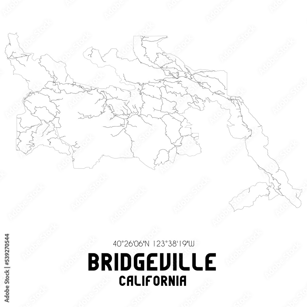 Bridgeville California. US street map with black and white lines.
