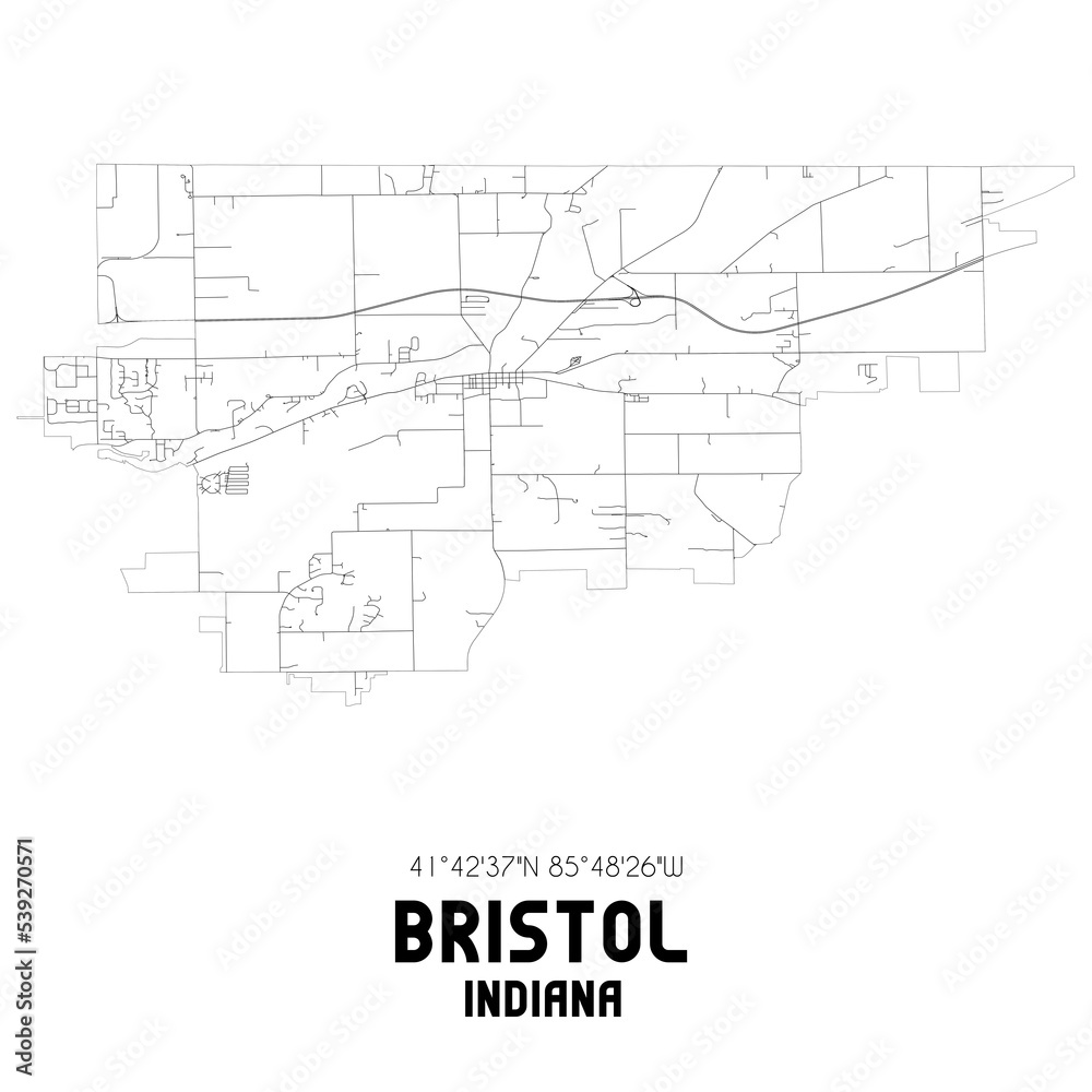 Bristol Indiana. US street map with black and white lines.