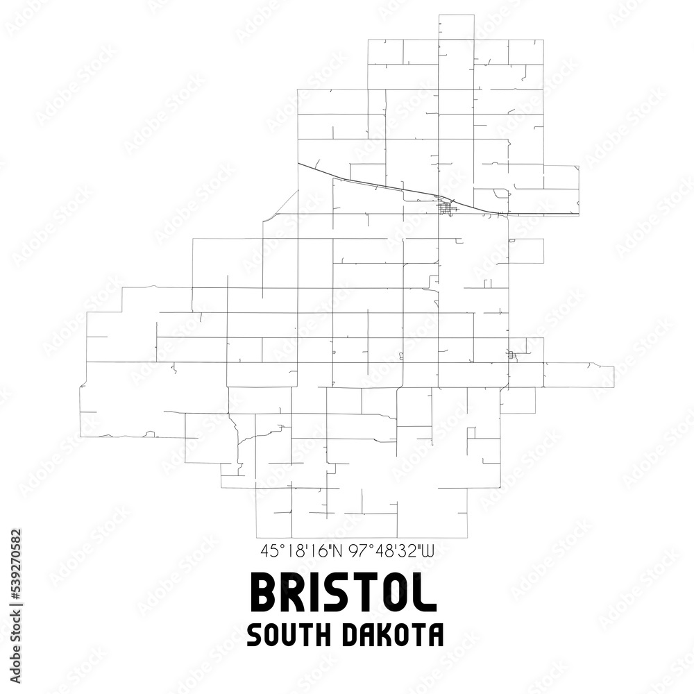 Bristol South Dakota. US street map with black and white lines.