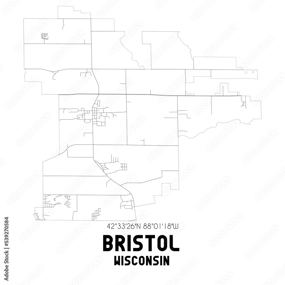 Bristol Wisconsin. US street map with black and white lines.