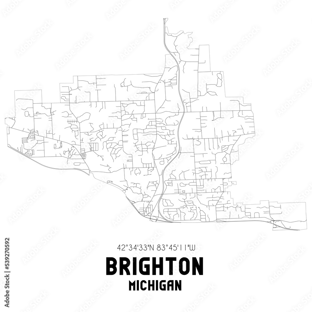 Brighton Michigan. US street map with black and white lines.