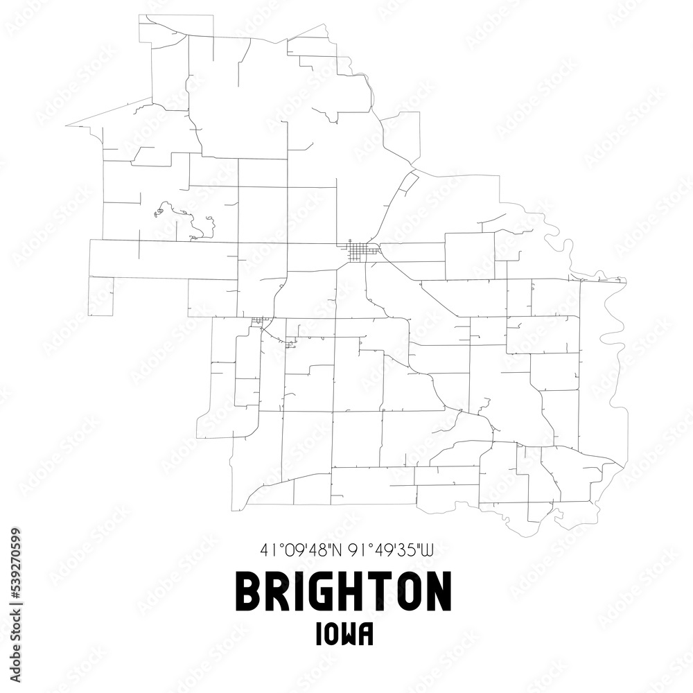 Brighton Iowa. US street map with black and white lines.