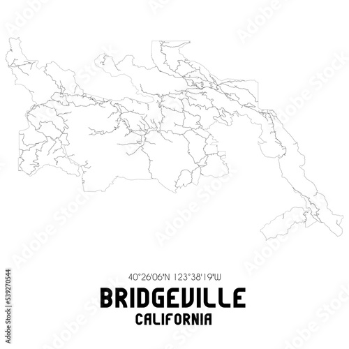 Bridgeville California. US street map with black and white lines.