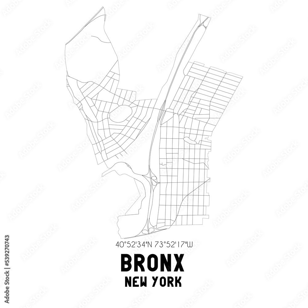 Bronx New York. US street map with black and white lines.